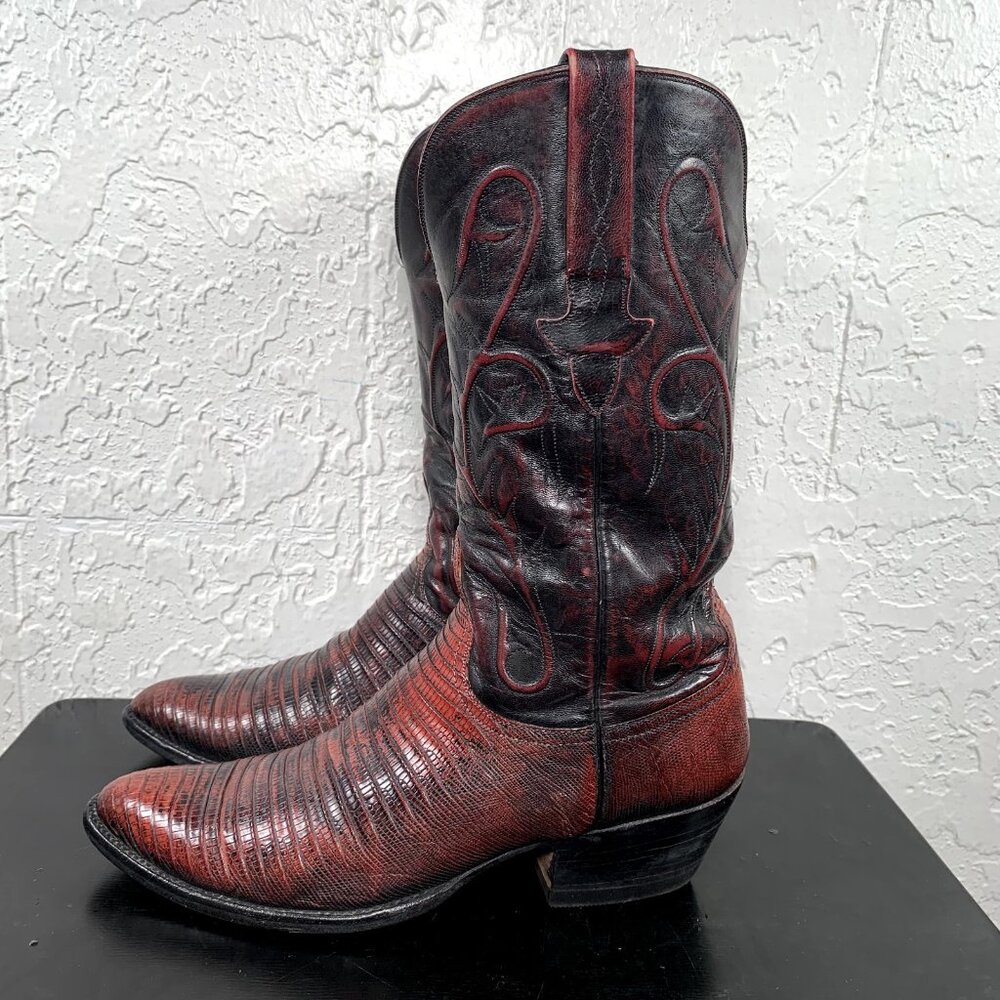 Lucchese Boots Mens 9.5 D Black Cherry Teju Cowboy Lizard Armadillo Skin L692024